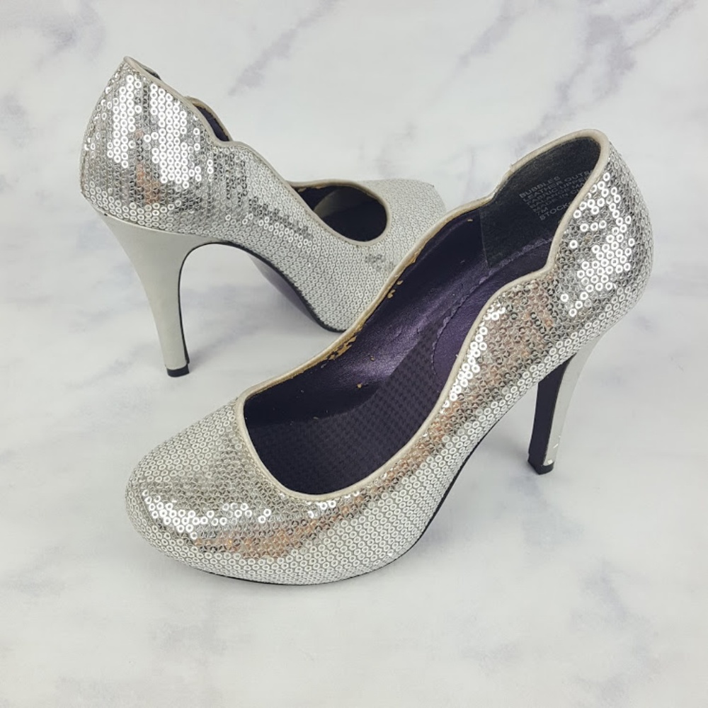 Nadara Silver Bubble Sequin Platform Heels Size 7